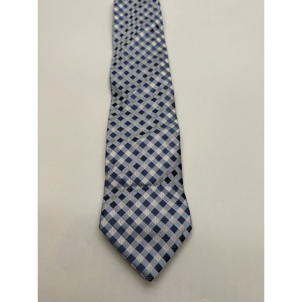 Tommy Hilfiger Mens Silk Tie Blue Silver Check Diamond Woven Made in USA